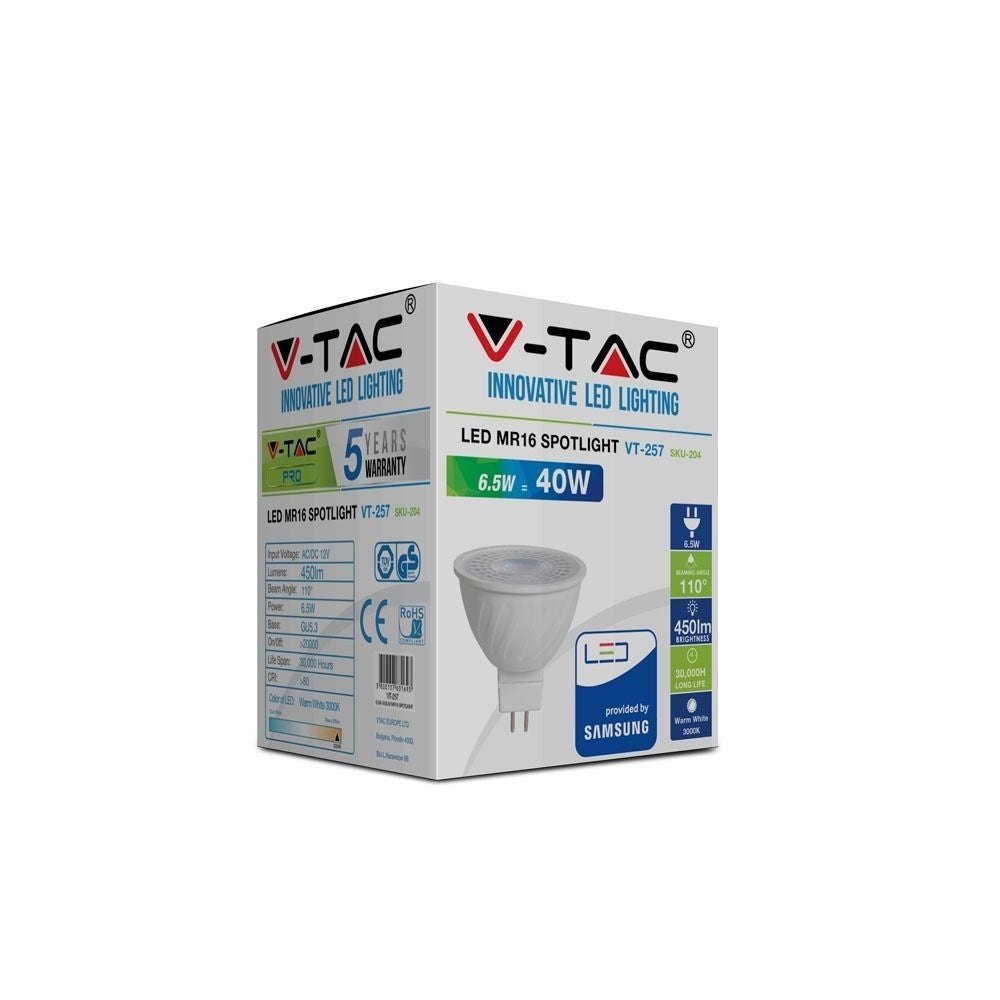 V-Tac 6,5W LED spotpære - Samsung LED chip, 12V, MR16 / GU5.3 - Erstatning for 55W, 450lm, RA80, 5 års garanti