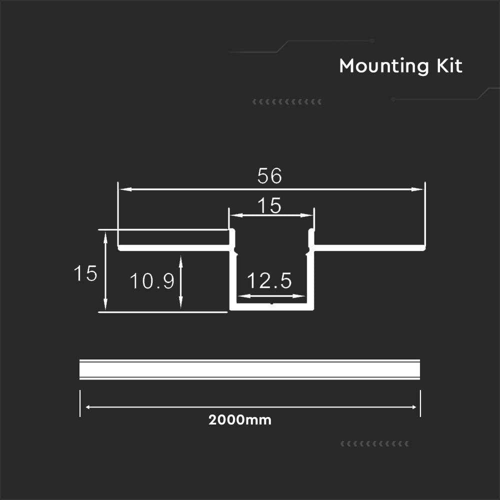 Monteringssæt med diffuser til LED-strip - Sølv Hus, 2000x55x15mm