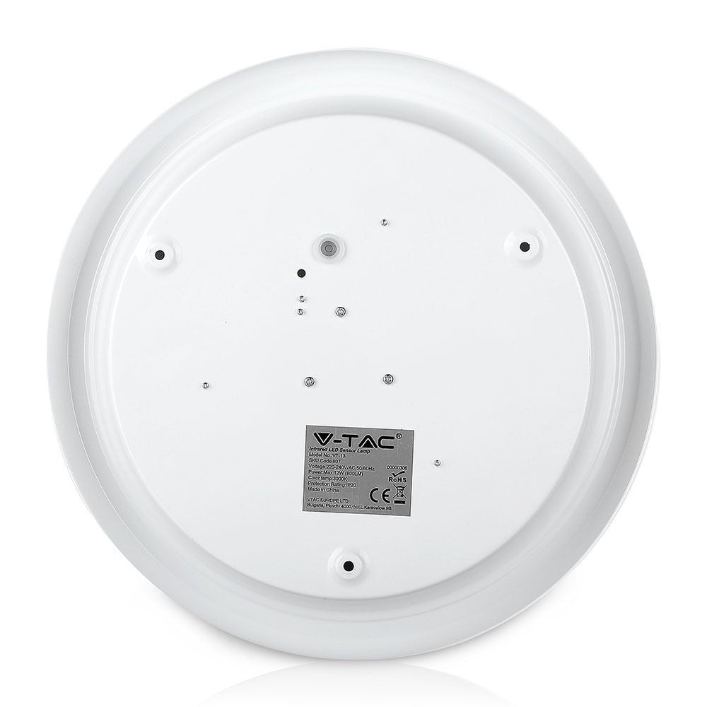 V-Tac 12W LED sensorlampe - Samsung LED chip, PIR sensor, IP20 indendørs, 230V, inkl. lyskilde - Erstatning for 60W - 5 års garanti