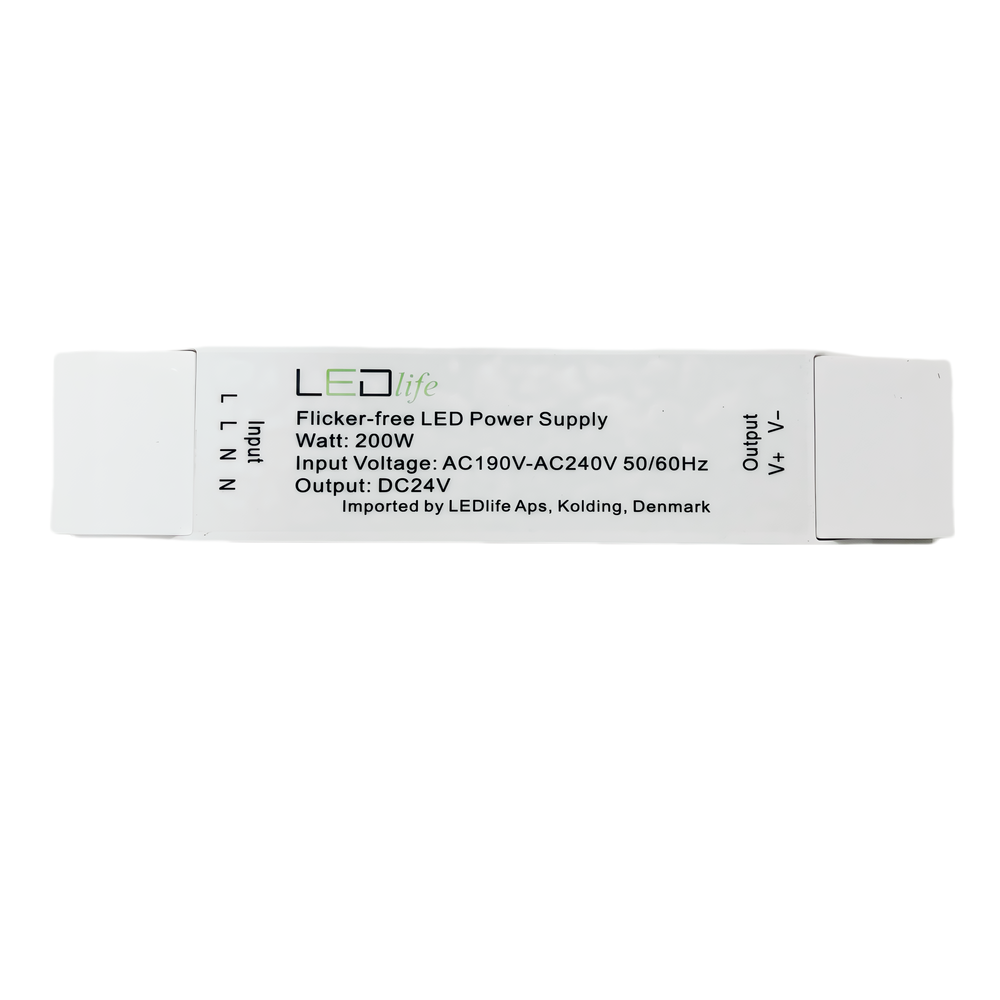 200W 24V Flicker Free Strømforsyning til Indendørs Brug - 24V DC, 12,5A, IP20