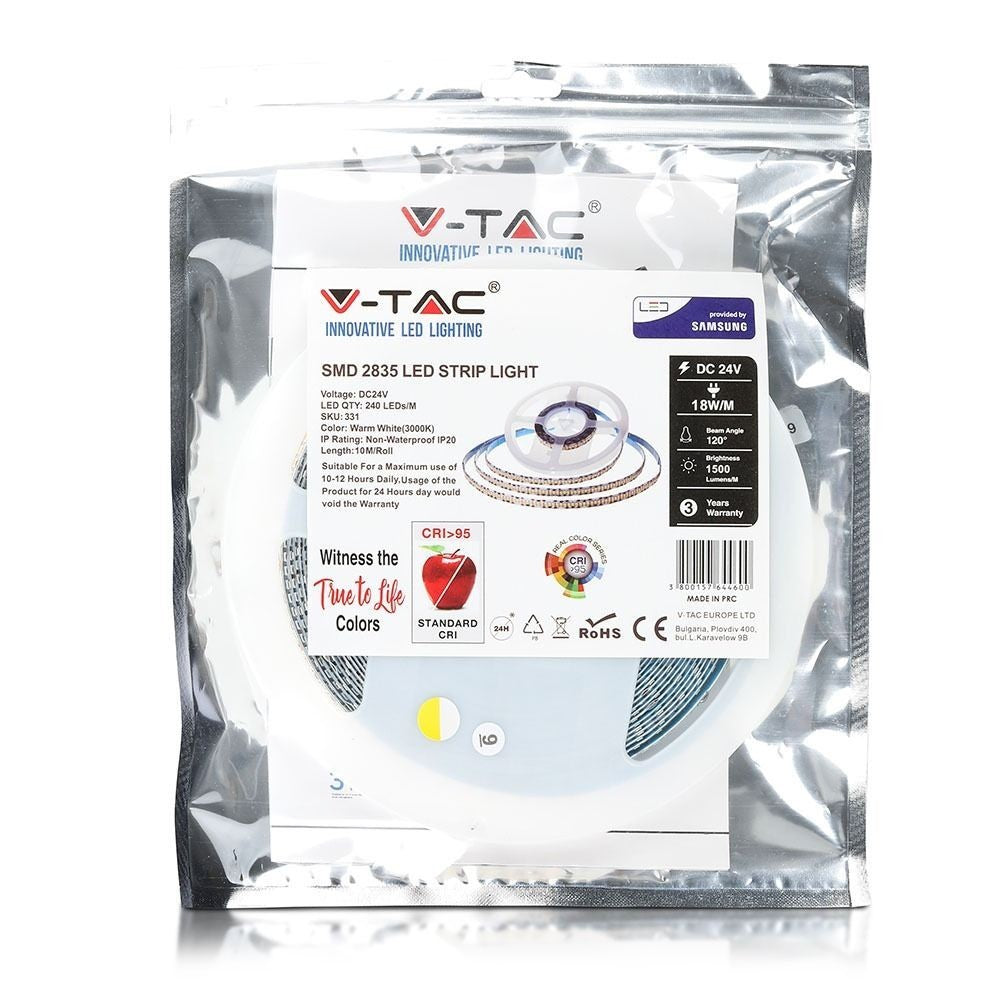 V-Tac 18W/m LED-strips RA95 - Samsung LED-chips, 10m, 24V, IP20, 240 LED pr. meter, 3 års producentgaranti