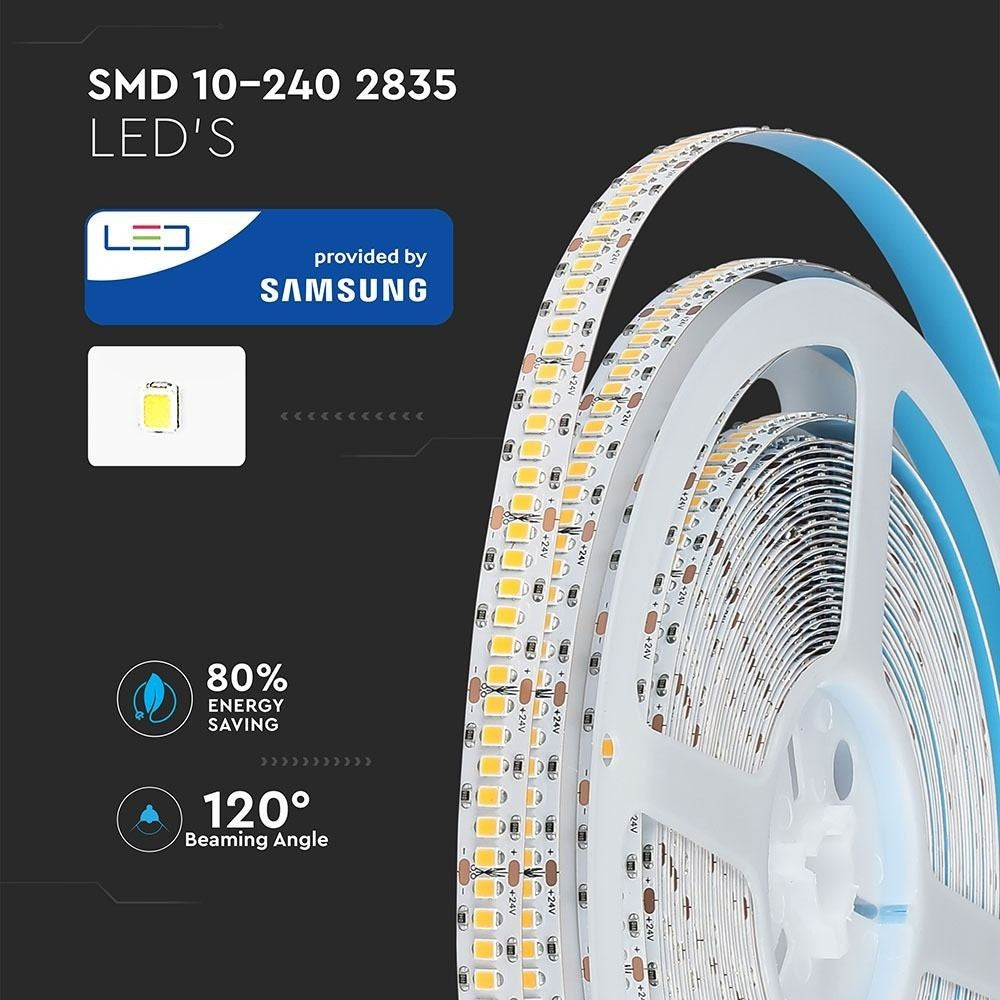 V-Tac 18W/m LED-strips RA95 - Samsung LED-chips, 10m, 24V, IP20, 240 LED pr. meter, 3 års producentgaranti