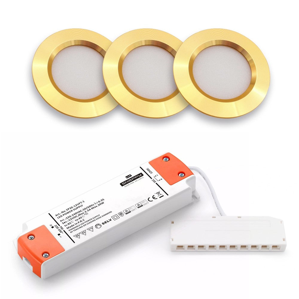 LEDlife Reco68 møbelspot i guld med dæmpbar strømforsyning - 3 stk. (2,7W LED, 220lm, RA92, 12V)