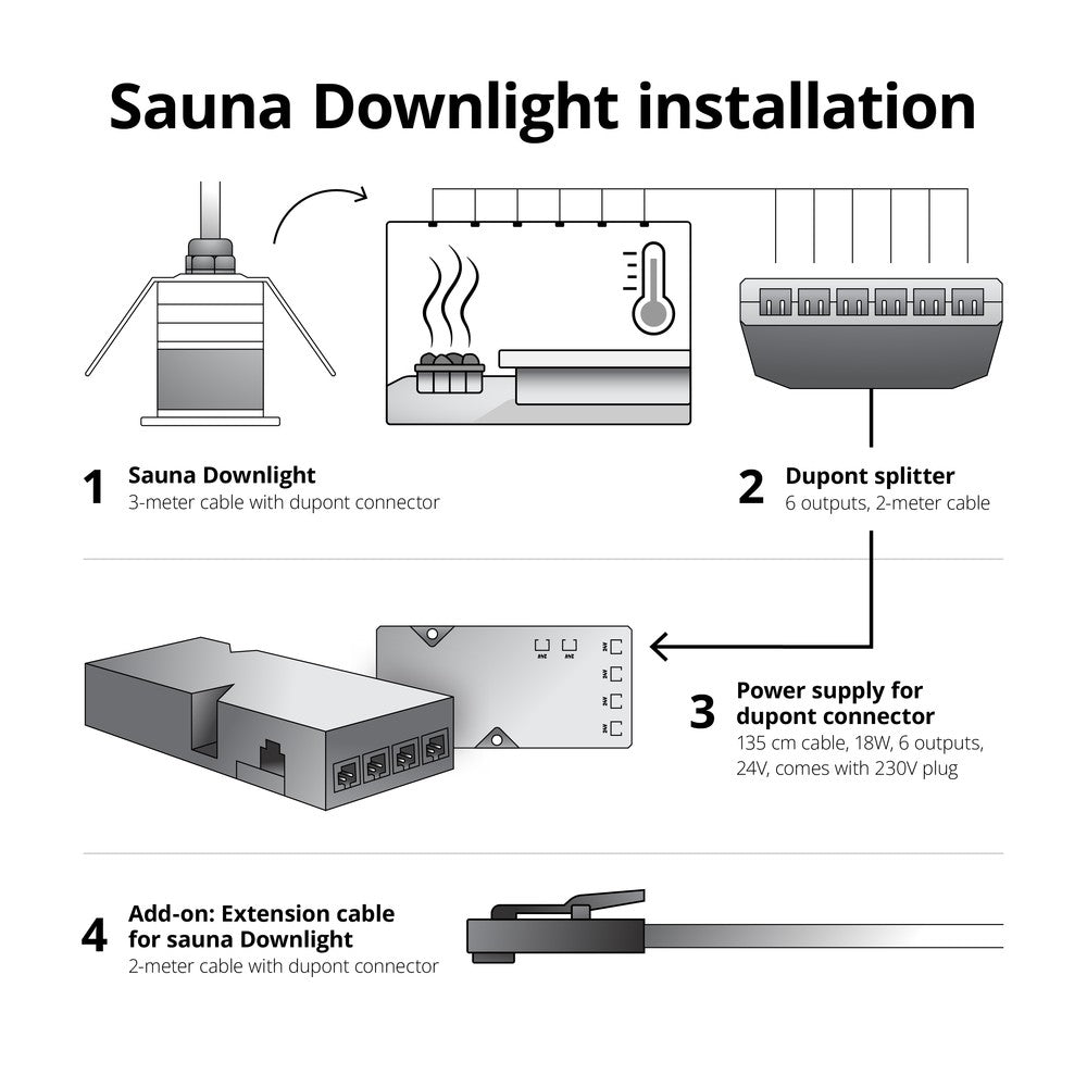 Sauna downlight med 6 udgange og 2 meter ledning, til 24V input