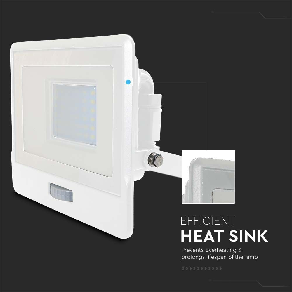V-Tac 30W LED projektør med sensor, hvid - Samsung LED chip - 2340lm - IP65 - 5 års producentgaranti