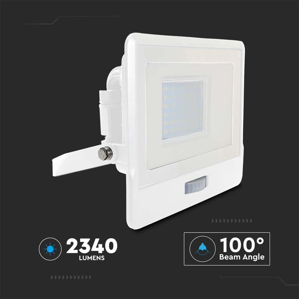V-Tac 30W LED projektør med sensor, hvid - Samsung LED chip - 2340lm - IP65 - 5 års producentgaranti