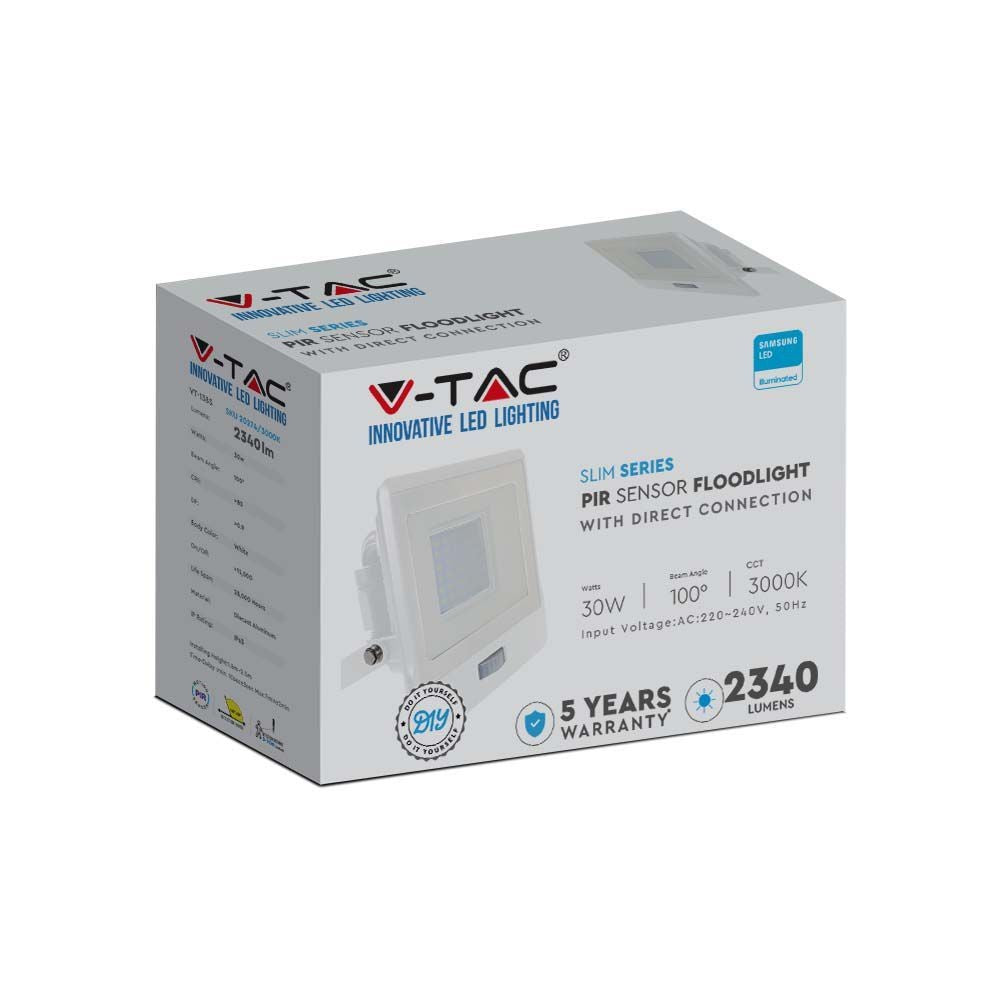 V-Tac 30W LED projektør med sensor, hvid - Samsung LED chip - 2340lm - IP65 - 5 års producentgaranti