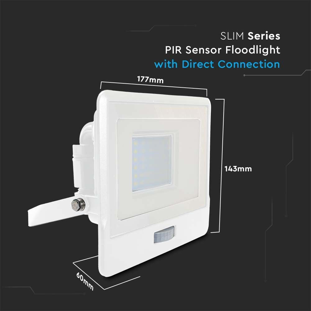 V-Tac 30W LED projektør med sensor, hvid - Samsung LED chip - 2340lm - IP65 - 5 års producentgaranti