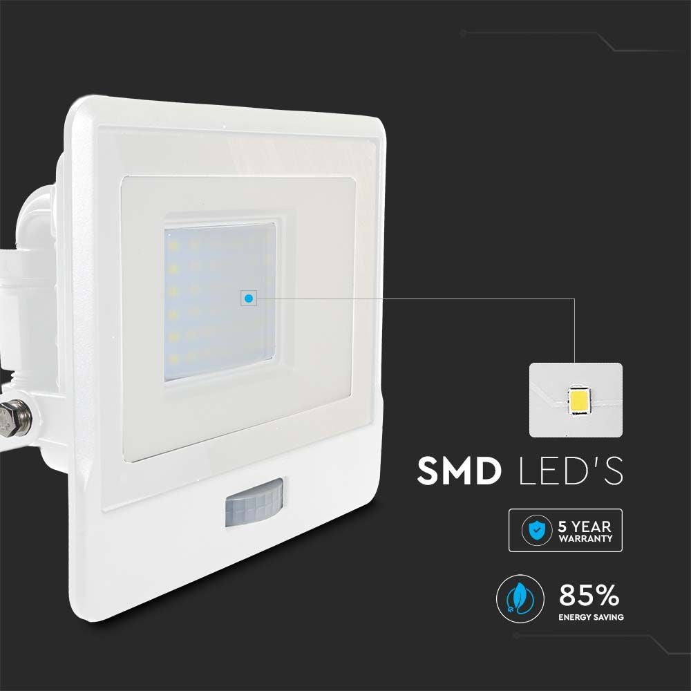 V-Tac 30W LED projektør med sensor, hvid - Samsung LED chip - 2340lm - IP65 - 5 års producentgaranti