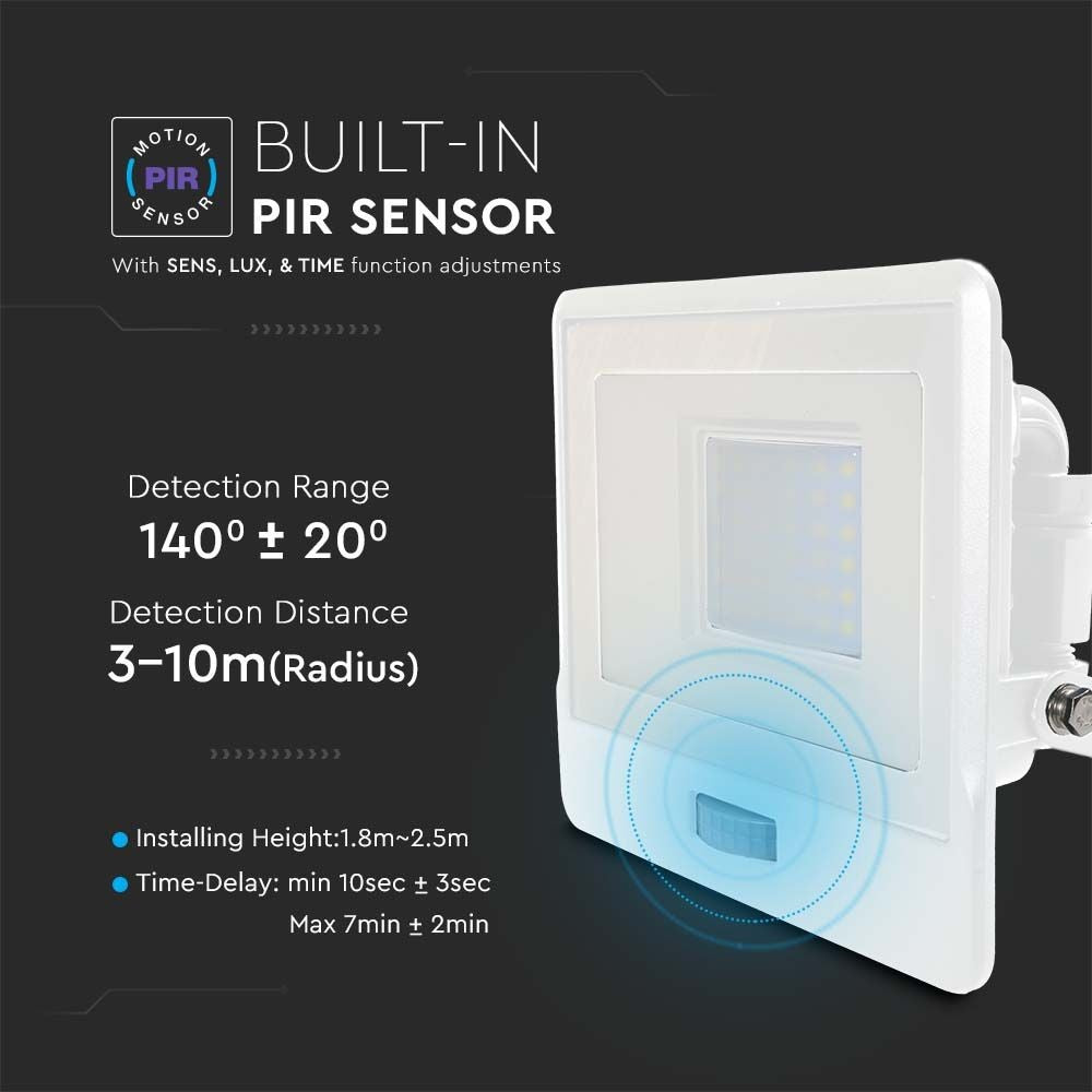 V-Tac 30W LED projektør med sensor, hvid - Samsung LED chip - 2340lm - IP65 - 5 års producentgaranti