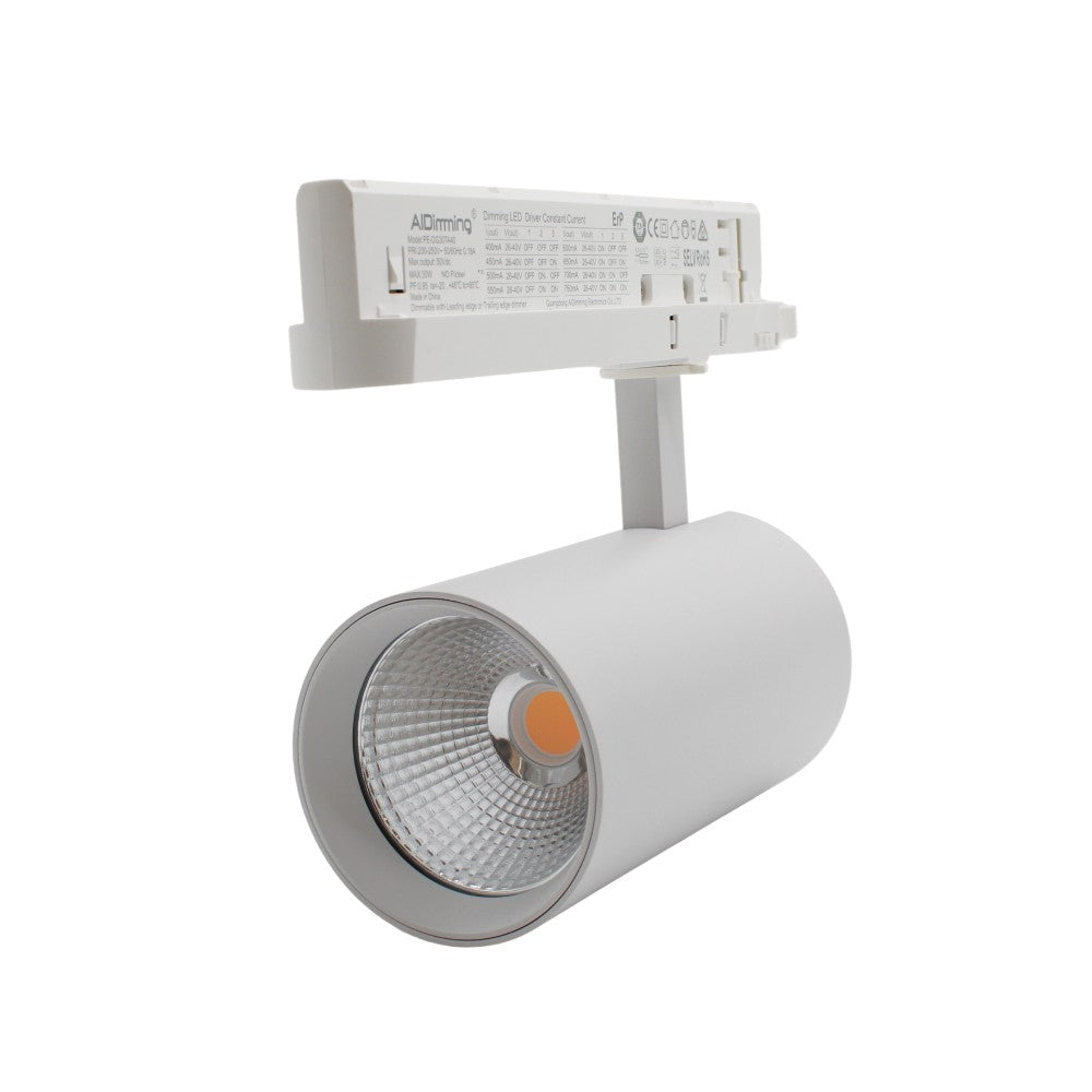 29W Dæmpbar hvid skinnespot fra LEDlife med høj effektivitet på 140 lm/W, RA 90 og 38 graders spredning, passer til 3-fasede systemer