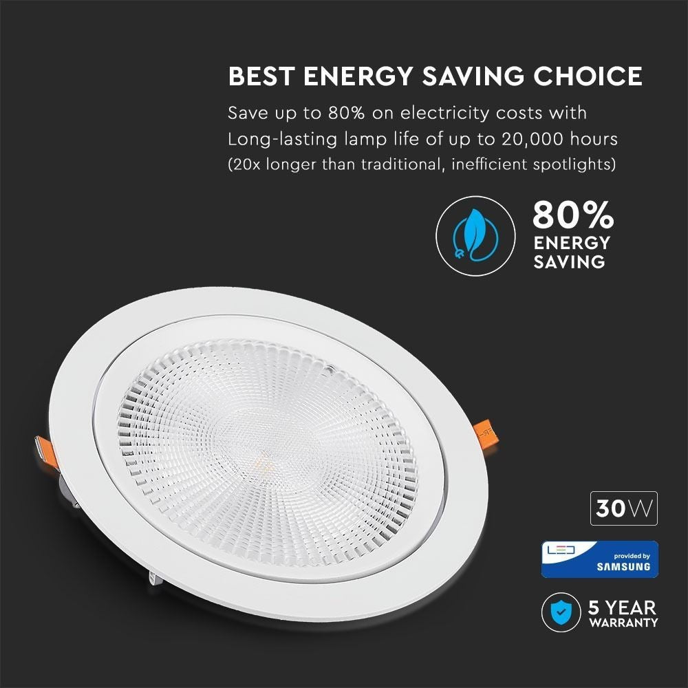 V-Tac 30W LED Spotlight - Hvid, Ø19,5 cm, Ø22,5 cm, 3 cm høj, Samsung LED chip, 2700lm, RA80, 230V