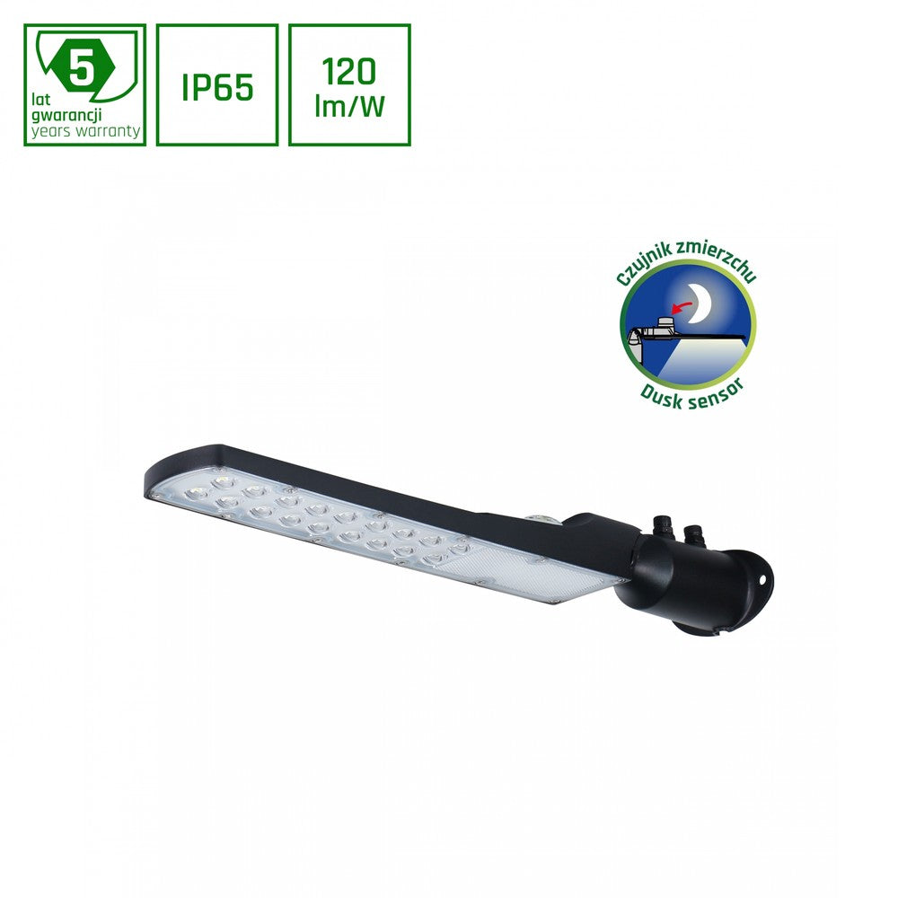 Streetos Slim 50W LED Udendørs Væglampe - Sort, 5000lm, RA80, IP65, 230V, 505x109x76mm, Skumringssensor