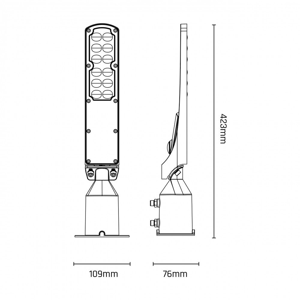 Slim 30W LED gadelampe - Neutral hvid, 230V, 140/85°, IP65, 423x109x76mm, sort, Skumringssensor.