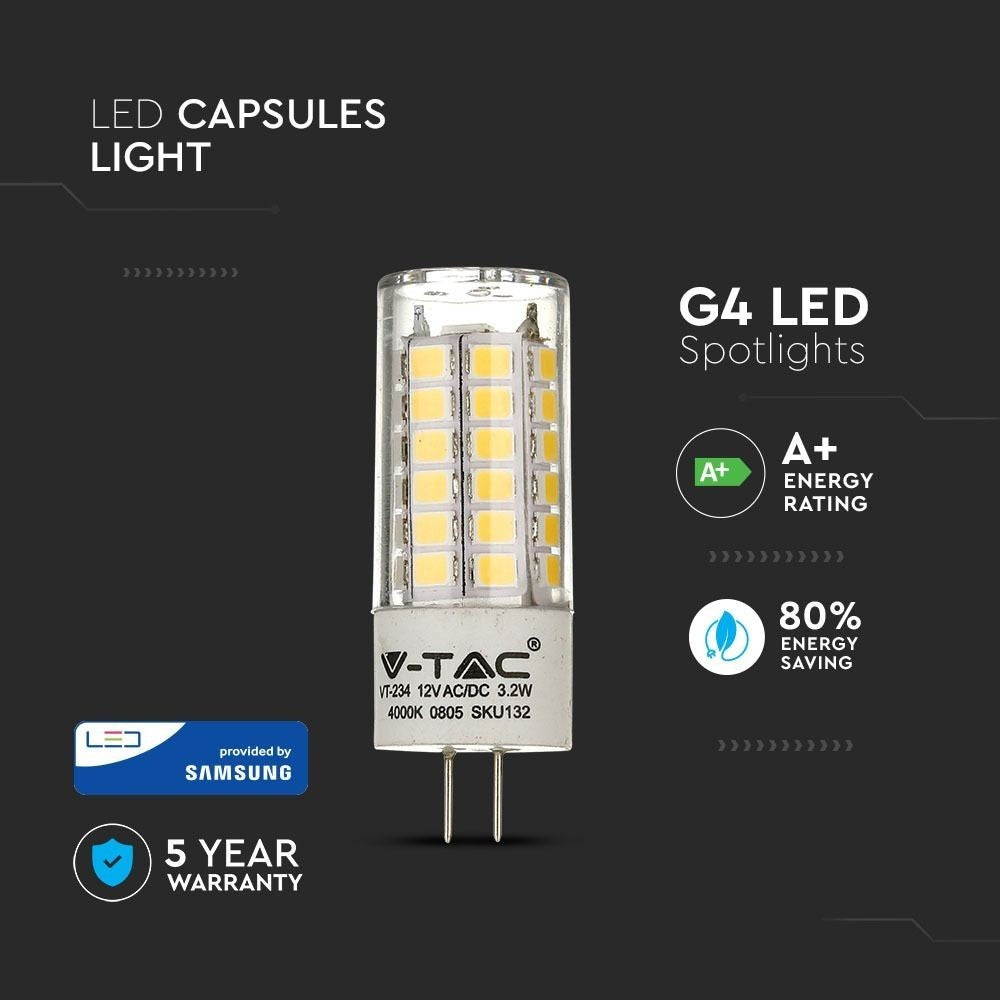 V-Tac 3,2W LED pære - Samsung LED chip, 12V, G4, 385lm, RA80, 5 års producentgaranti