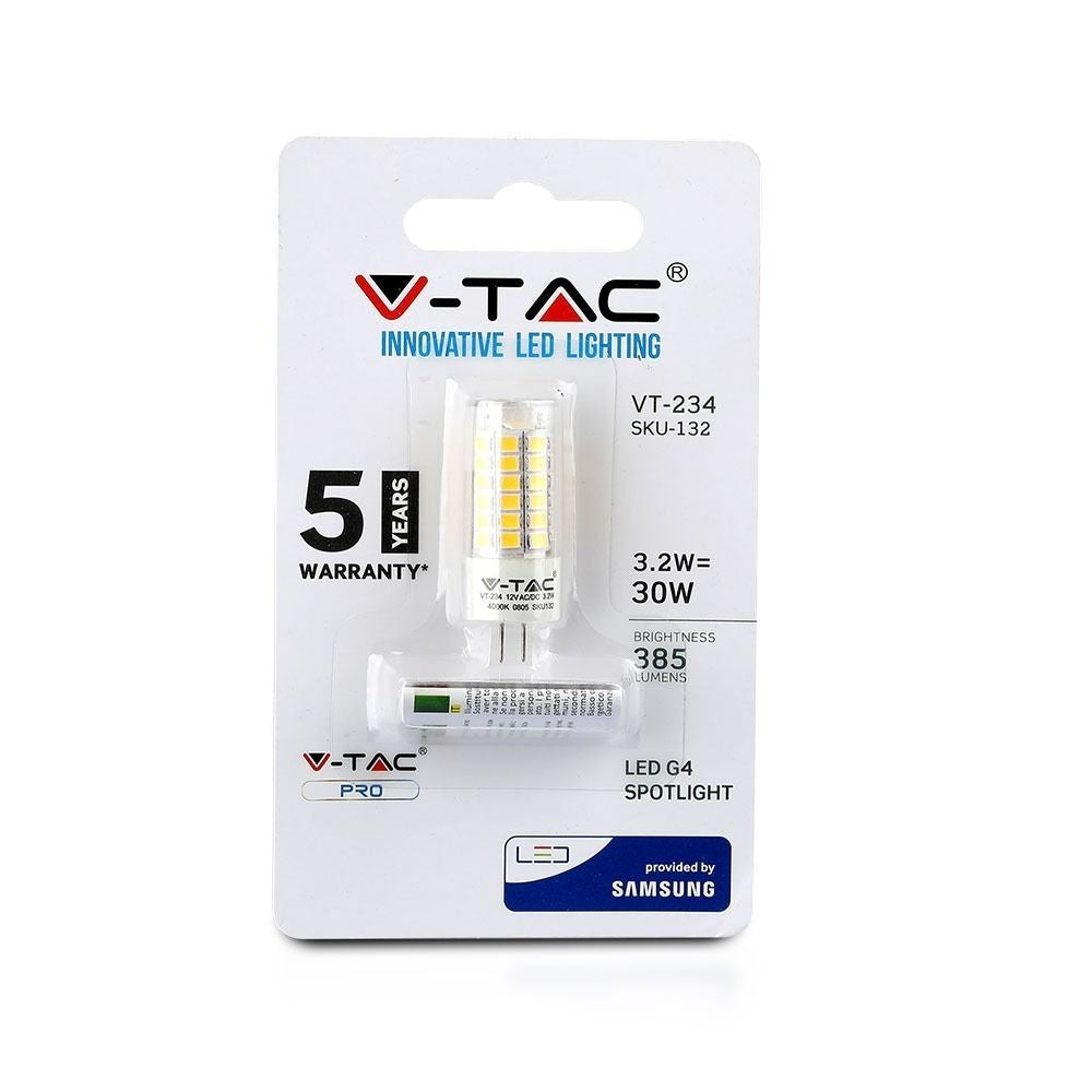 V-Tac 3,2W LED pære - Samsung LED chip, 12V, G4, 385lm, RA80, 5 års producentgaranti