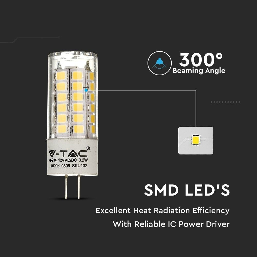 V-Tac 3,2W LED pære - Samsung LED chip, 12V, G4, 385lm, RA80, 5 års producentgaranti
