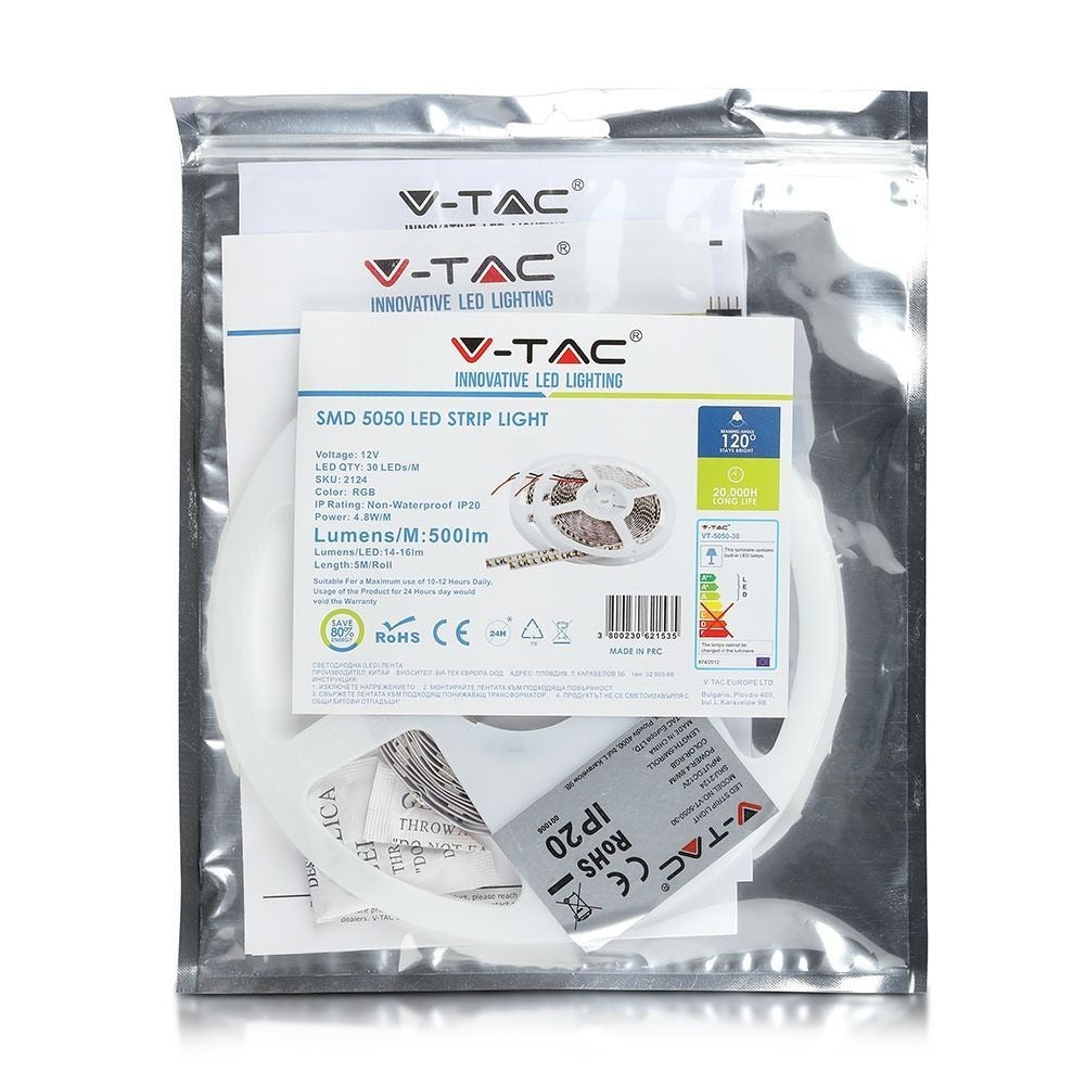 V-Tac 4,8W/m RGB LED-stripsæt - 5m, 30 LED pr. meter, 400lm/m