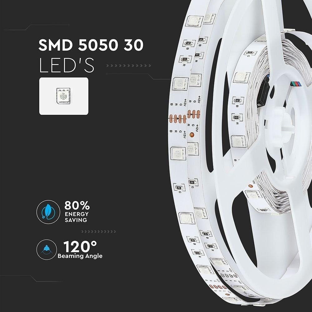 V-Tac 4,8W/m RGB LED-stripsæt - 5m, 30 LED pr. meter, 400lm/m