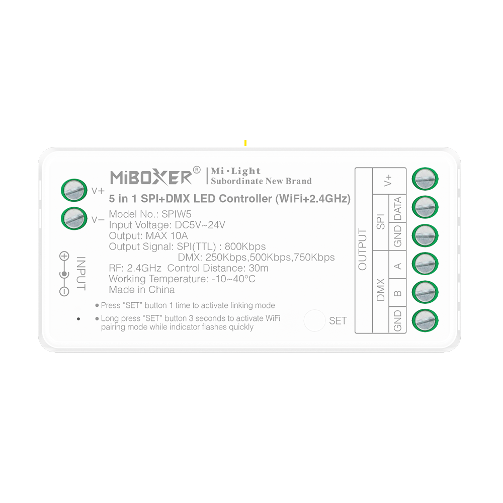 5i1 DMX+SPI+WIFI strip controller - RF, 12V/24V, RGB+CCT - Elektronisk controller til LED-strips med mulighed for fjernbetjening og farveskift