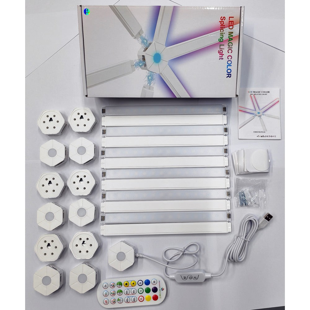 Hexa-Light RGBIC Komplet Sæt - 9 Lysskinner, Vægmonteret, Bluetooth App, USB, 8W, 5V