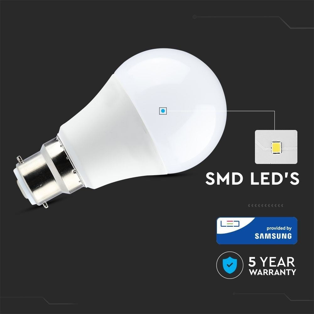 V-Tac 9W LED pære - Samsung LED chip, B22, 806lm, RA80, 5 års garanti