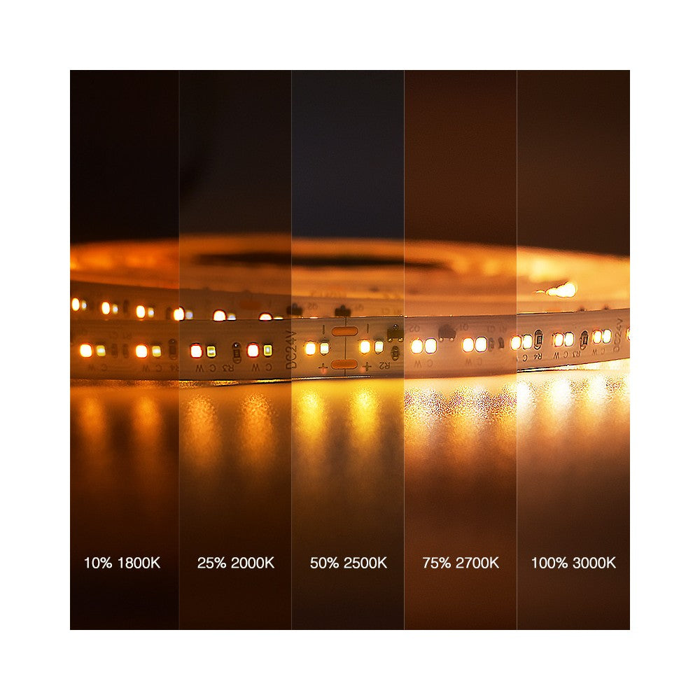 5m LED strip med dæmpbar varm til kølig belysning - 17W/m, 24V, IP20, 224 LED pr. meter, RA95