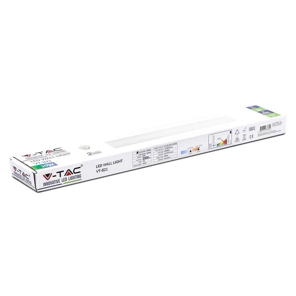 V-Tac 20W LED hvid aflang væglampe - Udendørs indirekte belysning, vandtæt (IP44), inkl. lyskilde