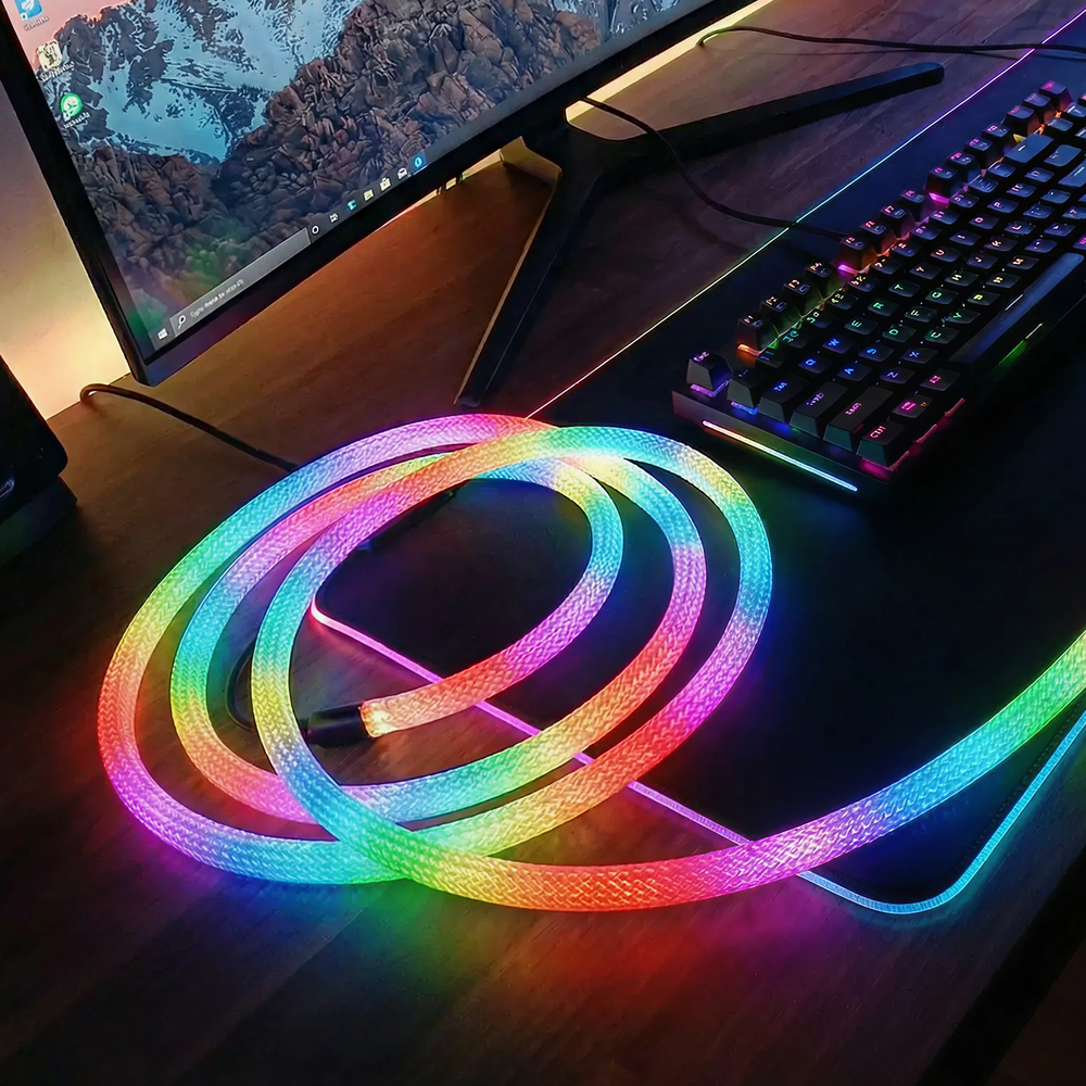 3m RGBIC Neon flex slange med Bluetooth App og fjernbetjening - Vævet reb, USB-opladning - Komplet sæt til lysdekorationer.
