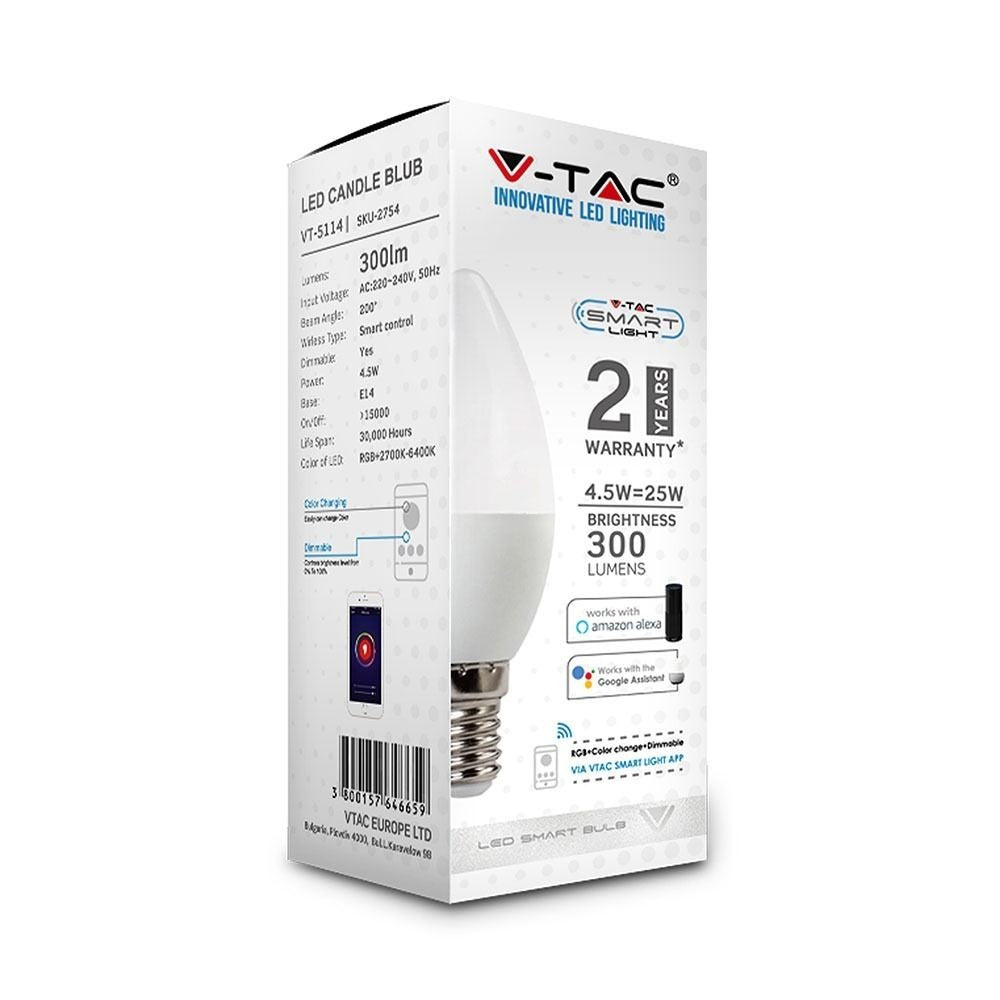 V-Tac 5W Smart Home LED pære - Tuya/Smart Life, kompatibel med Google Home, Alexa og smartphones, E14