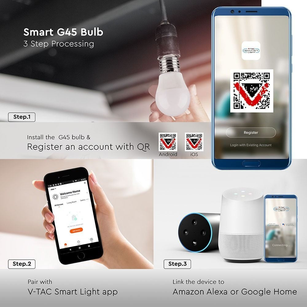 V-Tac 5W Smart Home Krone LED Pære - Tuya/Smart Life, Kompatibel med Google Home, Alexa og Smartphones, E27 Fatning, Erstatter 28W, 230V, 470lm, RA80