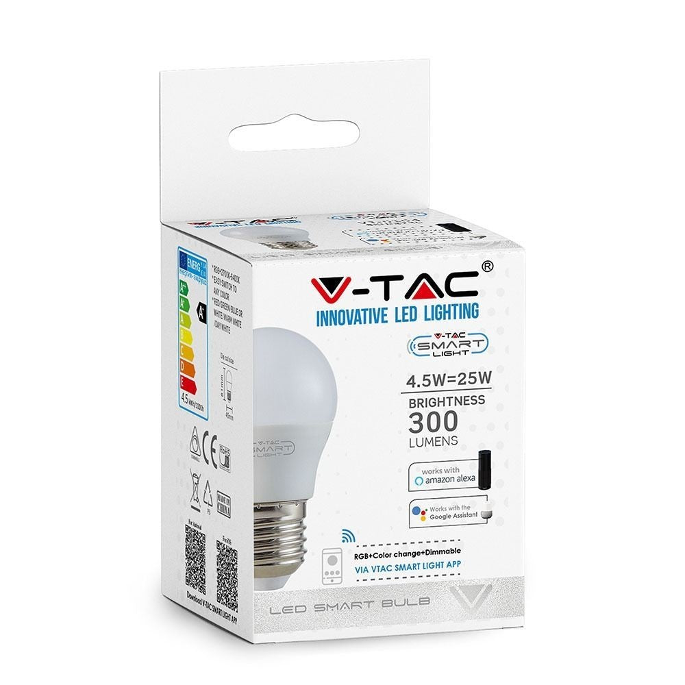 V-Tac 5W Smart Home Krone LED Pære - Tuya/Smart Life, Kompatibel med Google Home, Alexa og Smartphones, E27 Fatning, Erstatter 28W, 230V, 470lm, RA80
