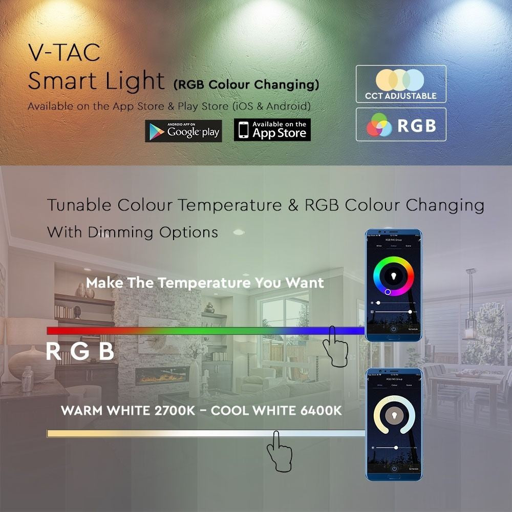V-Tac 5W Smart Home Krone LED Pære - Tuya/Smart Life, Kompatibel med Google Home, Alexa og Smartphones, E27 Fatning, Erstatter 28W, 230V, 470lm, RA80