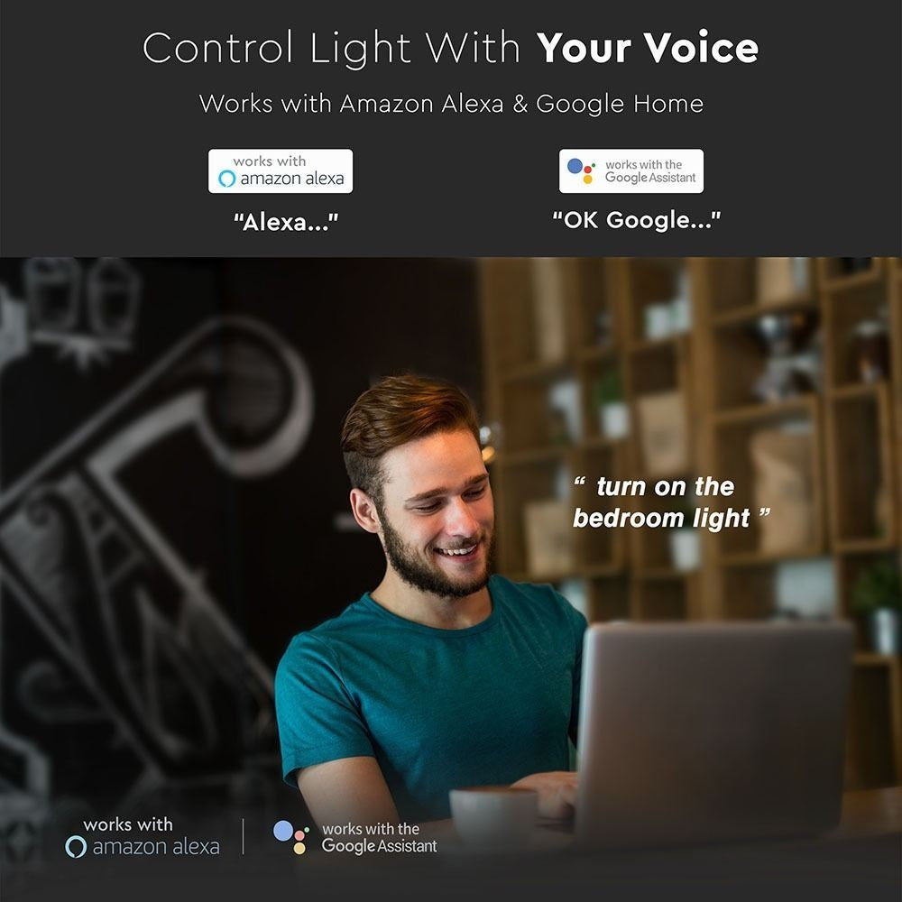 V-Tac 5W Smart Home Krone LED Pære - Tuya/Smart Life, Kompatibel med Google Home, Alexa og Smartphones, E27 Fatning, Erstatter 28W, 230V, 470lm, RA80
