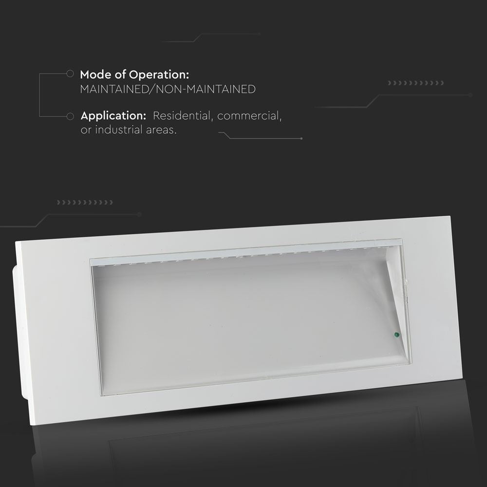 V-Tac 4W LED nødbelysning - Væg/loft/undersænket montering, inkl. batteri og piktogrammer
