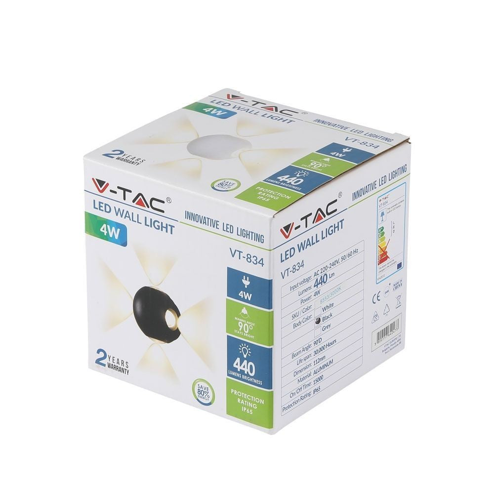 V-Tac 4W LED udendørs væglampe - Rund, IP65, inkl. lyskilde