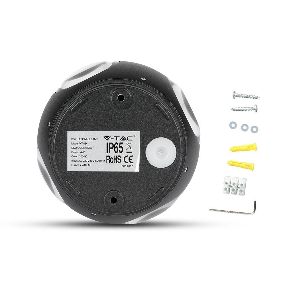 V-Tac 4W LED udendørs væglampe - Rund, IP65, inkl. lyskilde