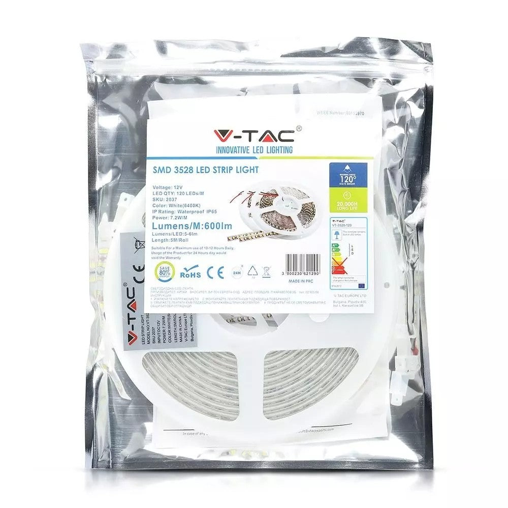 V-Tac Stænktæt LED Strip - 5m, 120 LED/m, 7,2W/m, 12V, 600lm/m, RA80, IP65