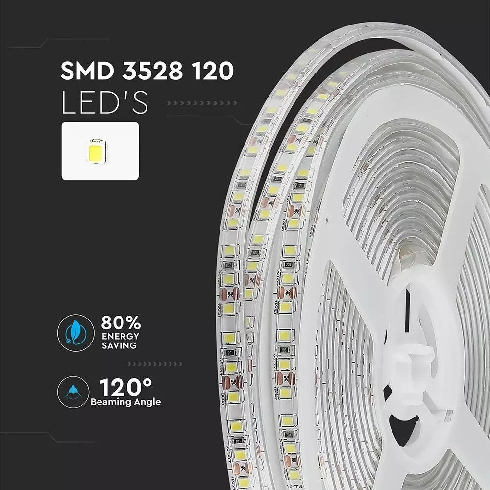 V-Tac Stænktæt LED Strip - 5m, 120 LED/m, 7,2W/m, 12V, 600lm/m, RA80, IP65