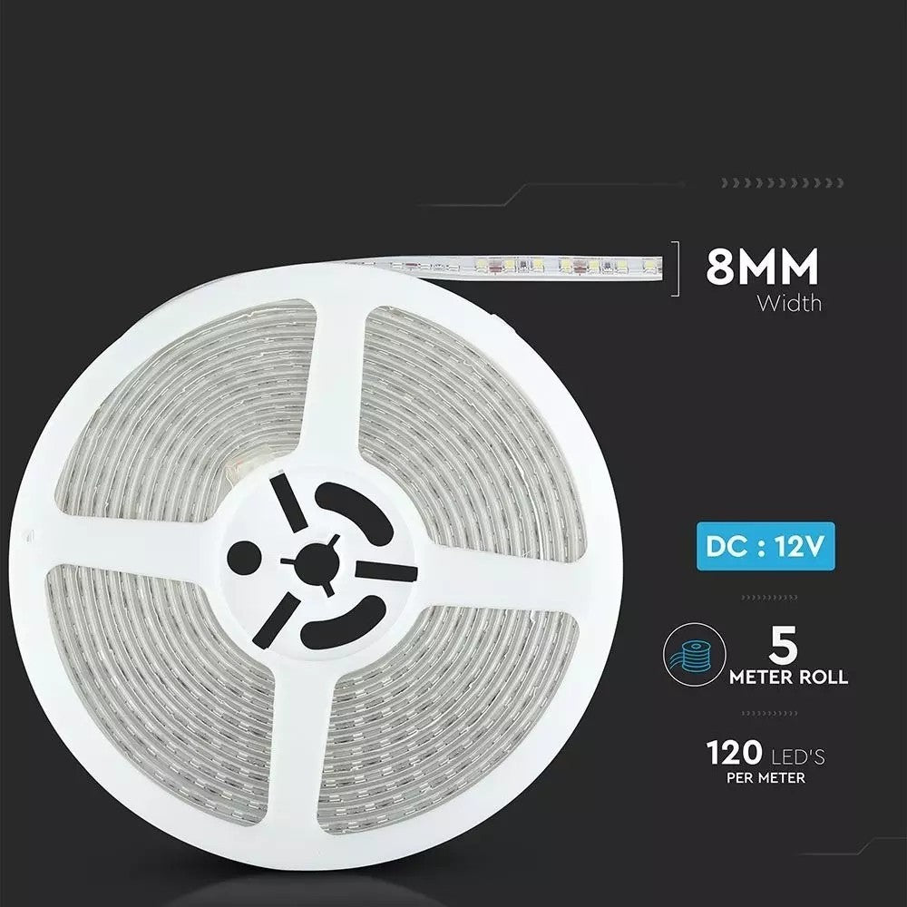 V-Tac Stænktæt LED Strip - 5m, 120 LED/m, 7,2W/m, 12V, 600lm/m, RA80, IP65