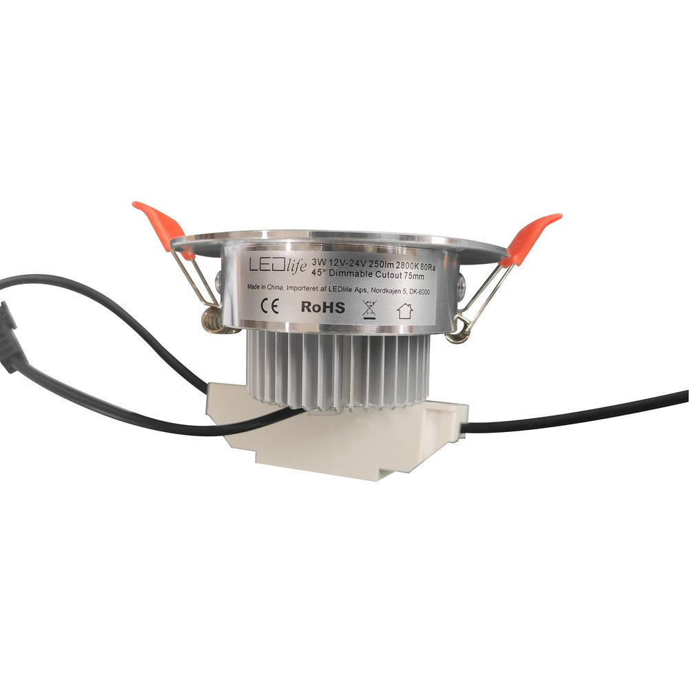 3W Indbygningsspot - Ø7-8 cm hul, Ø8,4 cm mål, 4 cm høj, dæmpbar, 12V/24V, erstatter 40W, 250lm, RA80