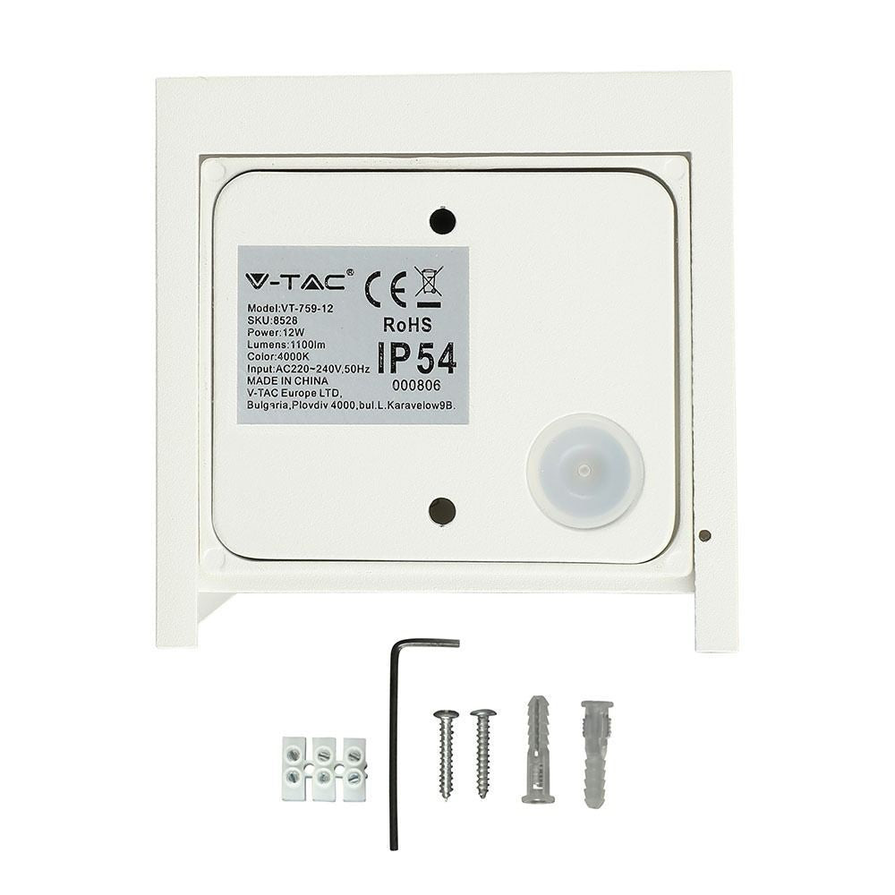 V-Tac 12W LED hvid væglampe - Firkantet, justerbar spredning, IP65 udendørs, 230V, inkl. lyskilde