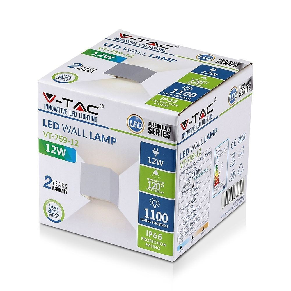 V-Tac 12W LED hvid væglampe - Firkantet, justerbar spredning, IP65 udendørs, 230V, inkl. lyskilde