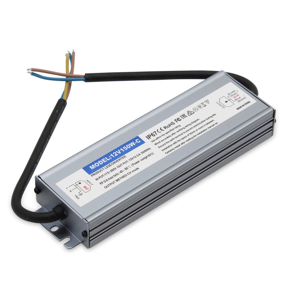 Vandtæt 150W strømforsyning - 12V DC, 12,5A - IP67