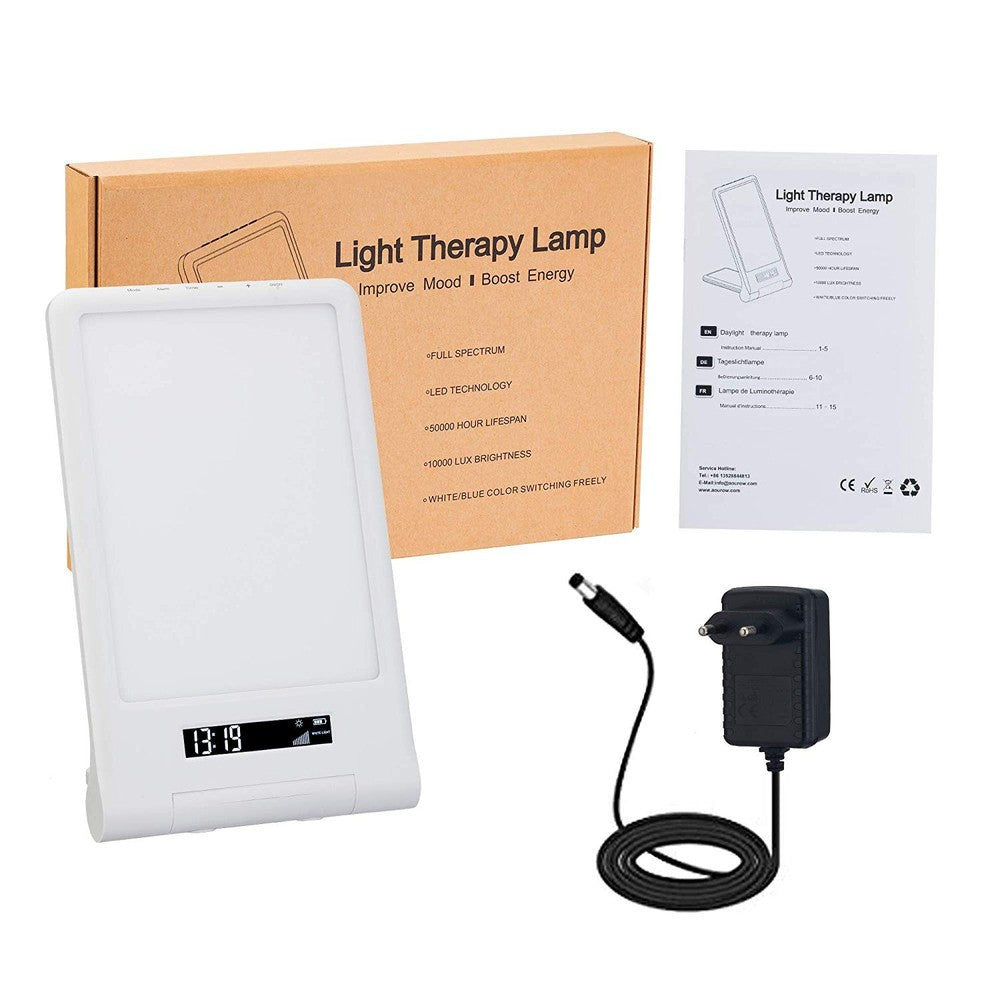 LED lysterapi lampe med timer/alarm - 18W, hvid/blå, 10.000 LUX, indbygget batteri (flicker free)