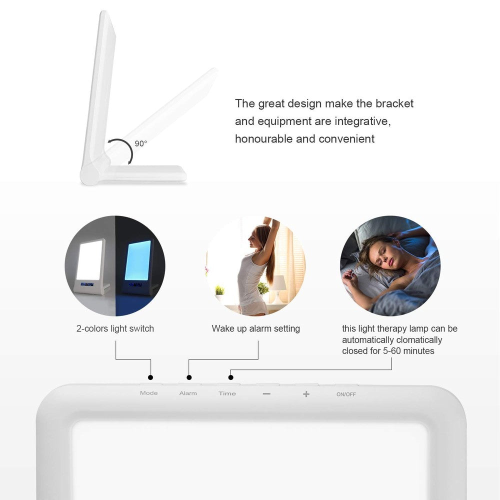 LED lysterapi lampe med timer/alarm - 18W, hvid/blå, 10.000 LUX, indbygget batteri (flicker free)
