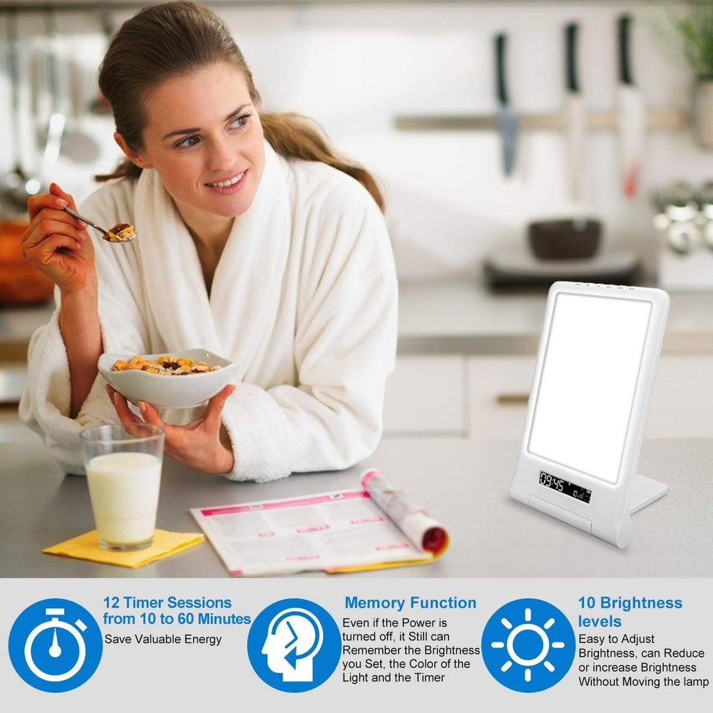 LED lysterapi lampe med timer/alarm - 18W, hvid/blå, 10.000 LUX, indbygget batteri (flicker free)