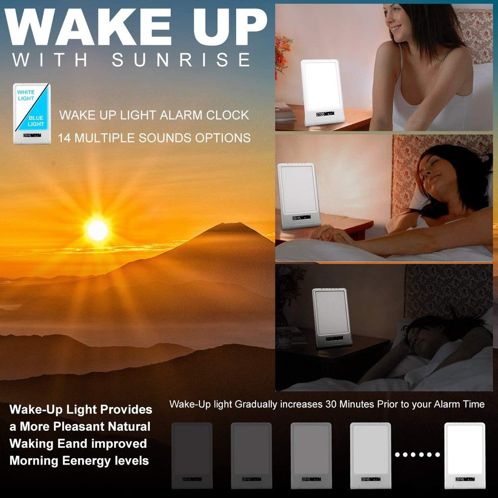 LED lysterapi lampe med timer/alarm - 18W, hvid/blå, 10.000 LUX, indbygget batteri (flicker free)