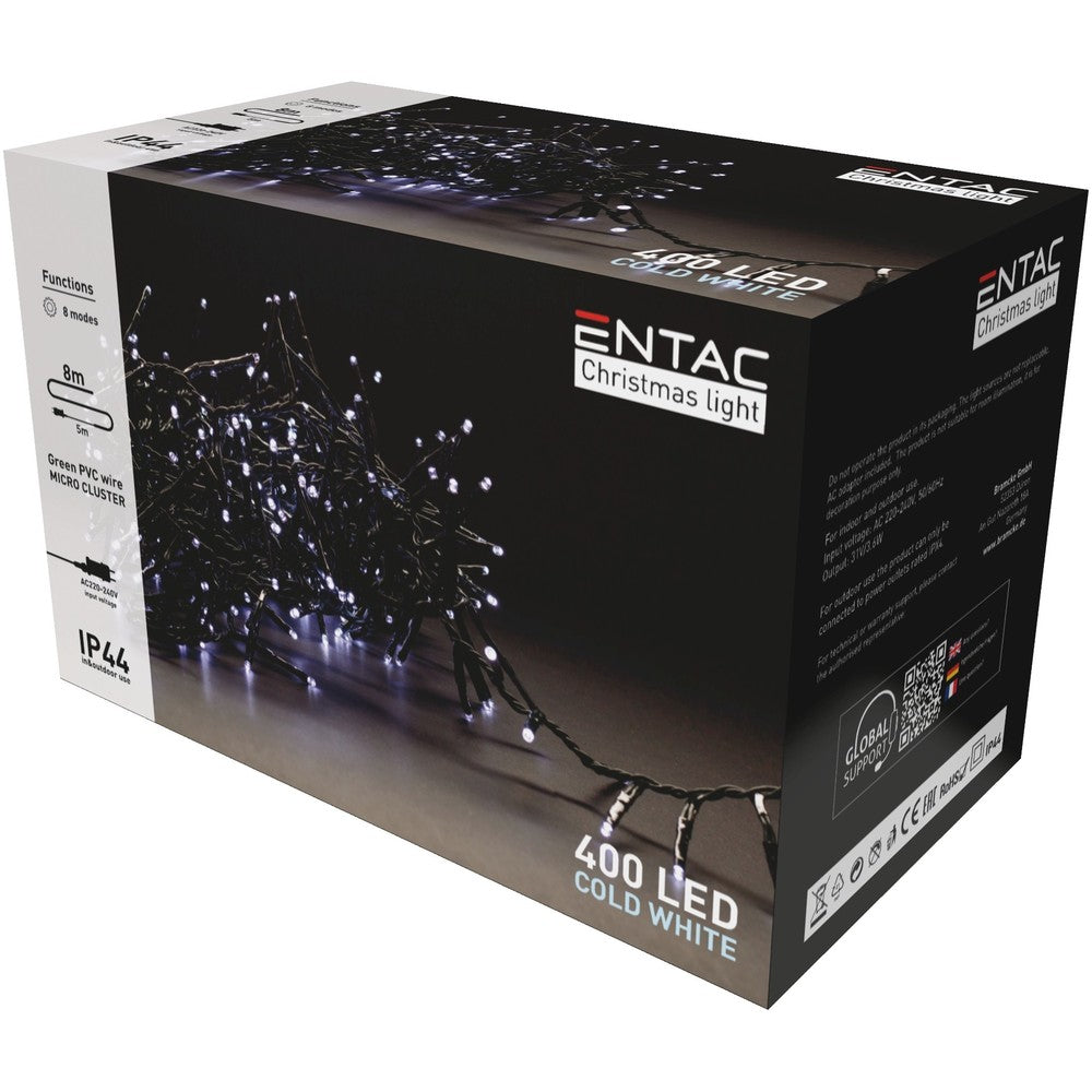 8 meter kold hvid cluster LED julelyskæde - 400 LED, med memory funktion, egnet til udendørs brug, IP44, 230V