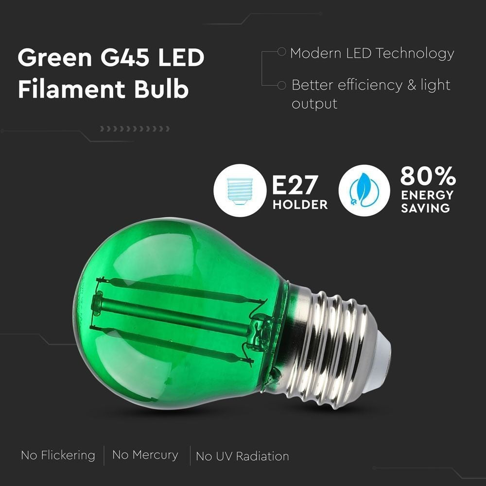 V-Tac 2W Grøn LED Kronepære - E27, Kultråd, Erstatning for 10W, Input 230V, 60lm, RA80